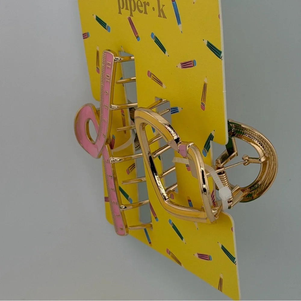 Piper K Back to School Ruler Pencil Claw Clip Gold Tone - Set of 2